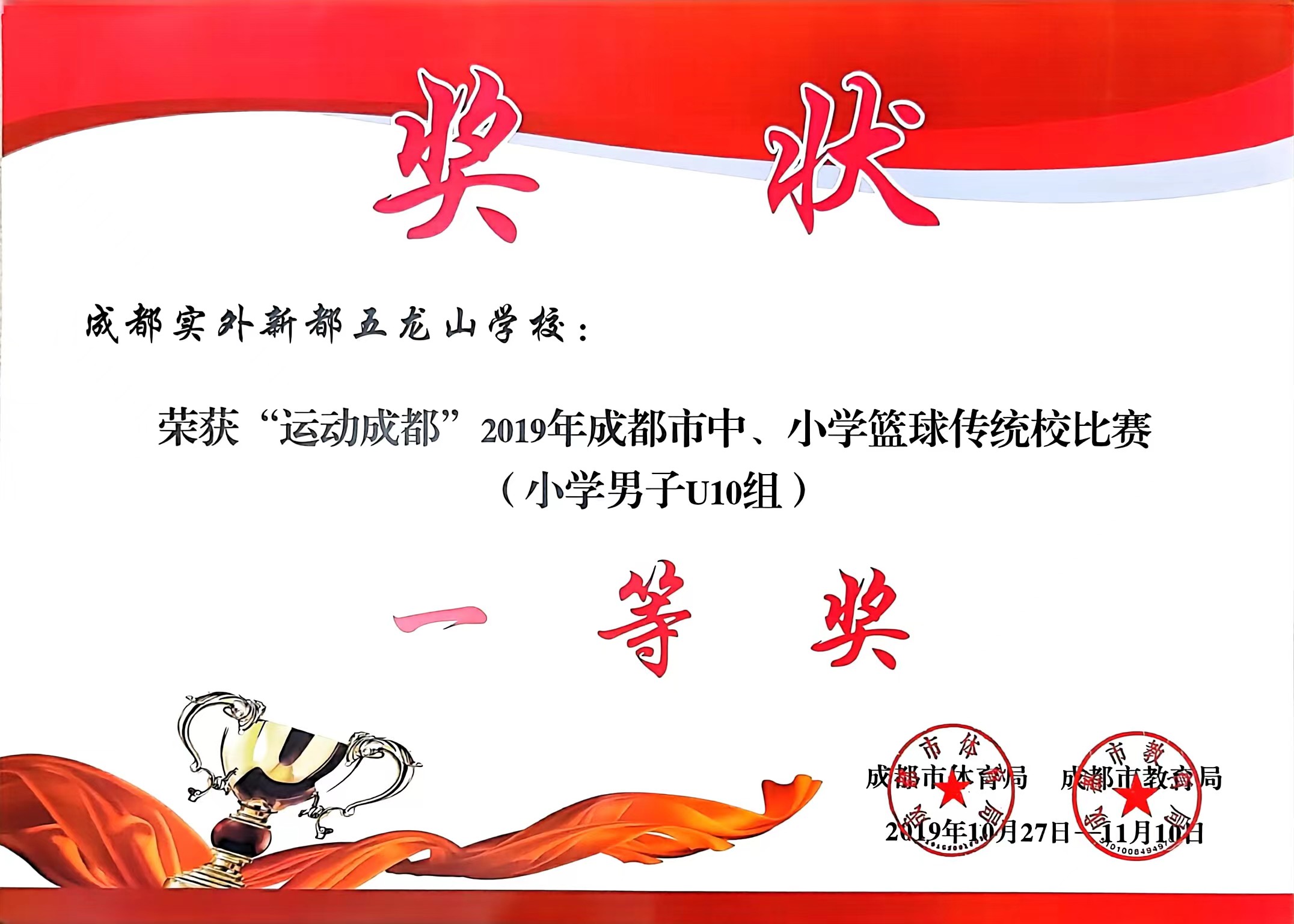 2019年10月成都市中、小学篮球传统校比赛(小学男子U10组)：一等奖
