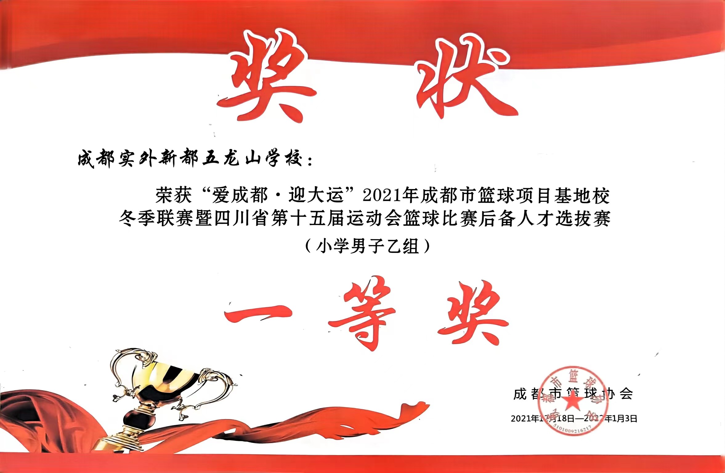 2021年12月成都市篮球项目基地校，(小学男子乙组)：一等奖